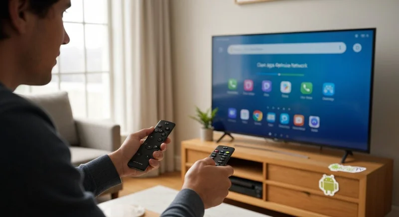Persona con control remoto Android TV y pantalla de apps