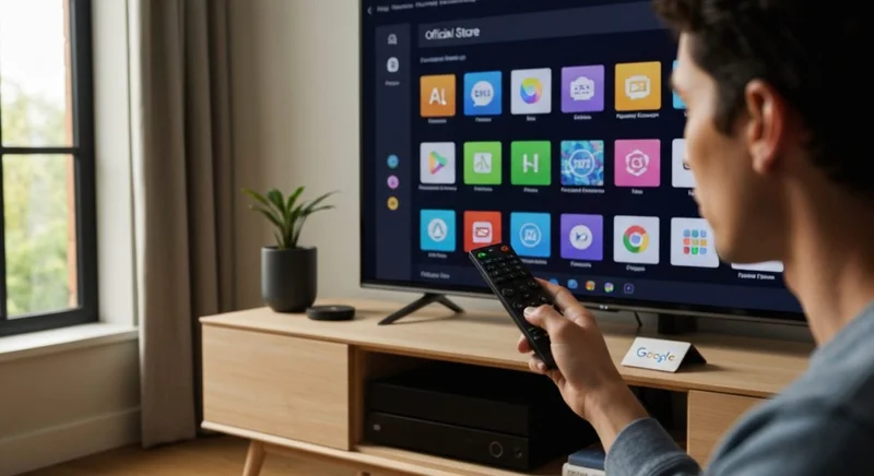 Persona con control remoto navega apps en TV Google Chromecast
