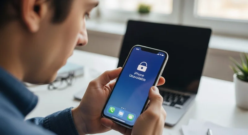 Persona con expresión preocupada mirando su iPhone mostrando mensaje de bloqueo
