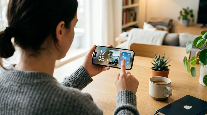 Persona con iPhone personalizando StandBy pantalla con logo Apple visible