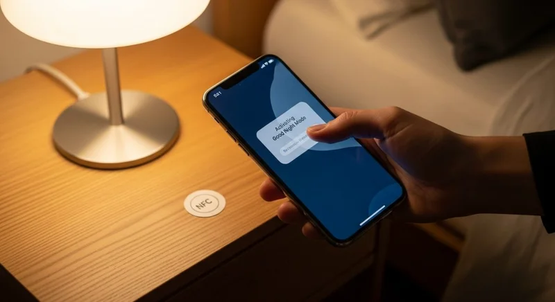 persona con smartphone en la mano y etiqueta nfc