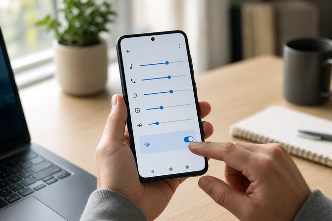 Persona con teléfono Android ajustando Volumen Adaptativo en ajustes del sistema