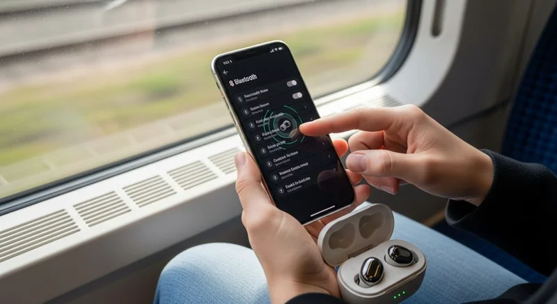 persona conectando sus auriculares bluetooth a su smartphone