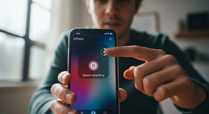 Persona configurando grabación de pantalla en iPhone en oficina moderna