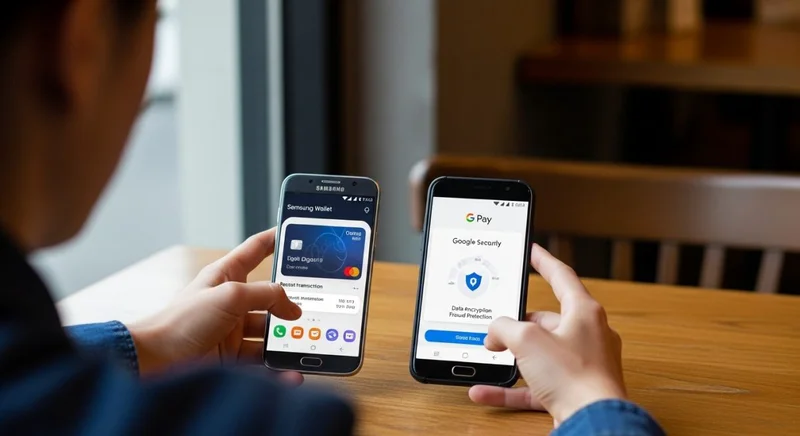 Persona en café comparando Samsung Wallet con Google Pay en smartphones