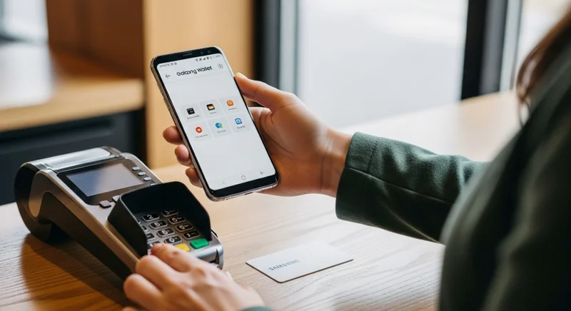 Persona en café paga con teléfono Galaxy usando Samsung Wallet