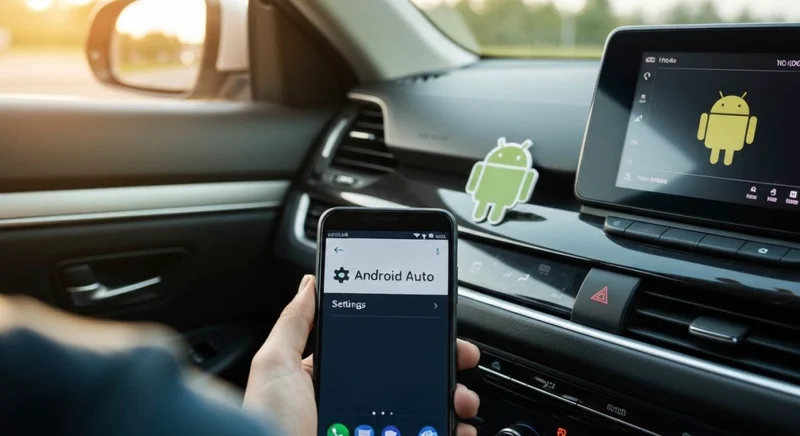 Persona en coche conecta Android Auto teléfono con logotipo Android