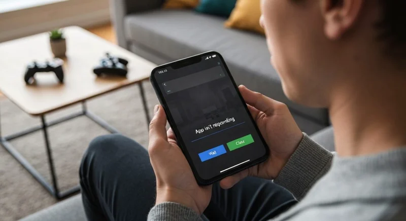 Persona en sofa con Android mostrando dialogo App isnt responding
