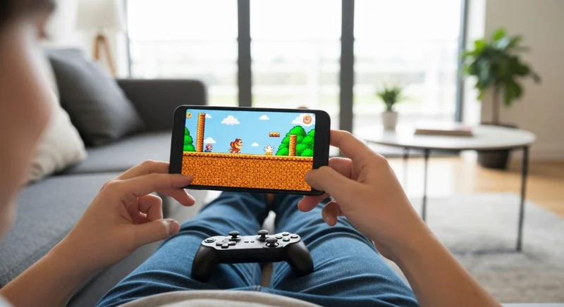 Persona en sofa juega Donkey Kong Country retro en Android
