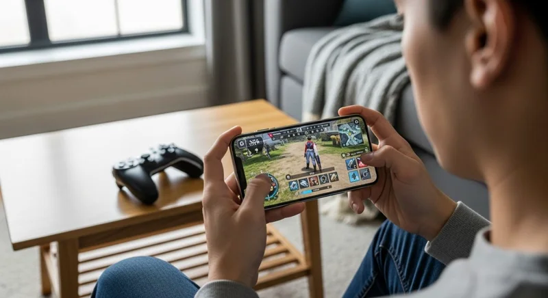 Persona jugando iPhone 11 horizontal con logo Apple en sofa
