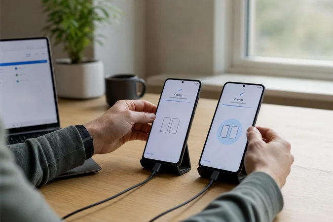 Persona migrando datos entre dos teléfonos Android durante configuración inicial