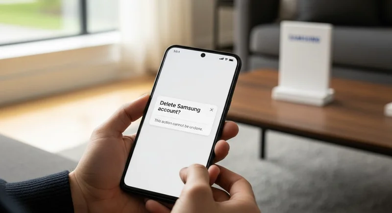 Persona mira dialogo eliminar cuenta Samsung en pantalla del Galaxy