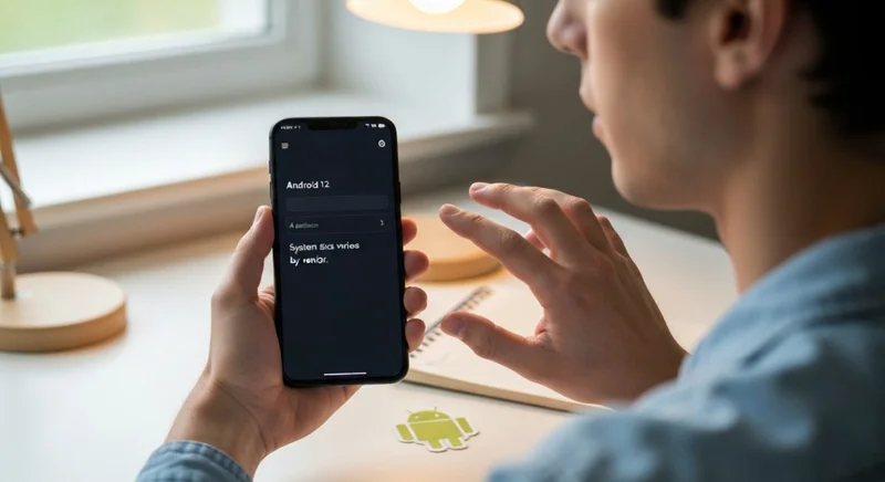 Persona observa teléfono Android 12 en escritorio con logo Android