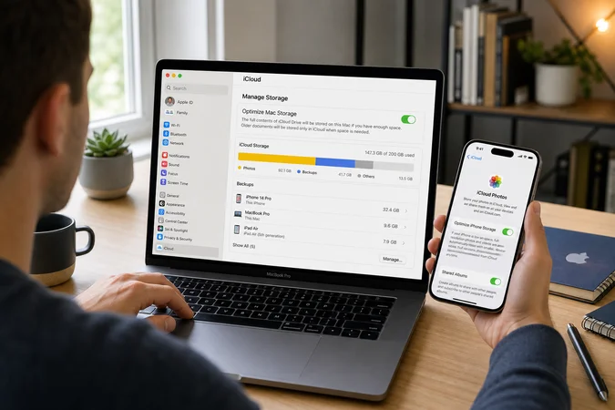 Persona optimizando almacenamiento iCloud en MacBook Pro y iPhone Apple