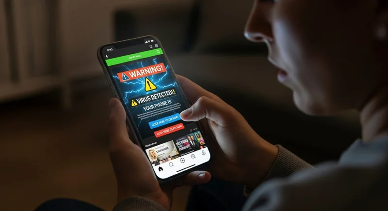Persona preocupada mirando teléfono con anuncio emergente de adware