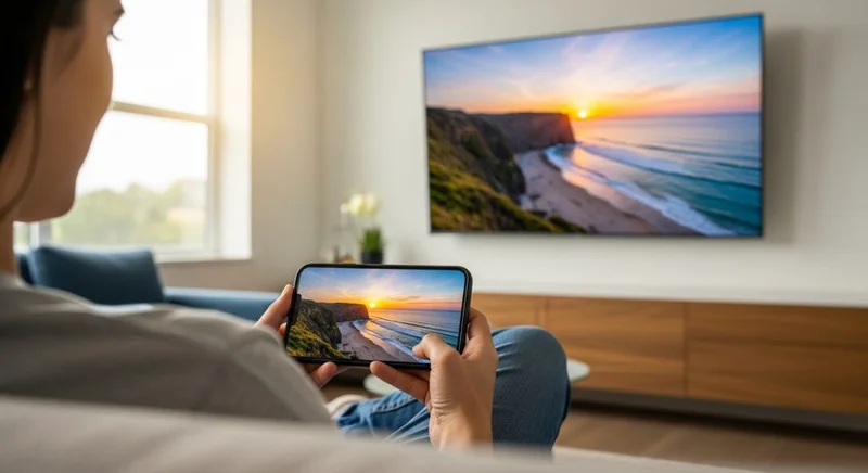 Persona relajada en sofá usando smartphone con televisor moderno al fondo