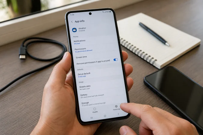 Persona revisando aplicaciones Android preinstaladas para desactivar una aplicación innecesaria