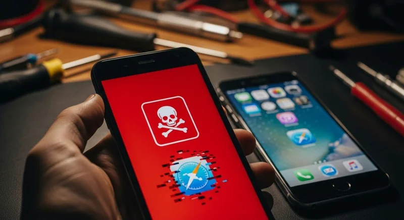 Persona sosteniendo smartphone Android con advertencia de malware junto a iPhone