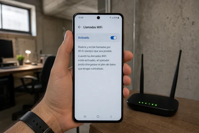 Persona sosteniendo smartphone Android con Llamadas WiFi activadas junto a router inalámbrico