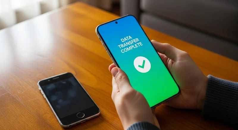 persona sosteniendo smartphone con pantalla de proceso de transferencia de datos completa