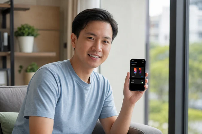 Persona sosteniendo un iPhone en sala moderna con iluminación natural