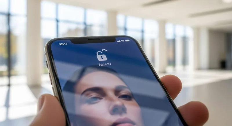 Persona sosteniendo un iPhone moderno desbloqueándose con Face ID