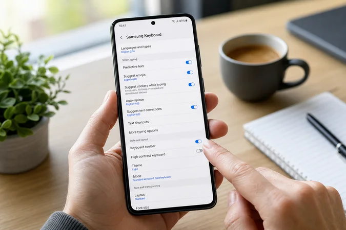 Persona sosteniendo un Samsung Galaxy con Samsung Keyboard Translate activado