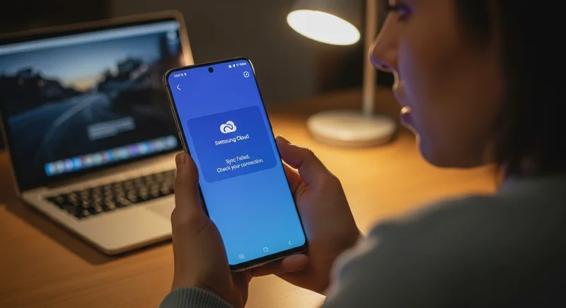 Persona sosteniendo un smartphone Samsung luciendo frustrado con error de sincronización