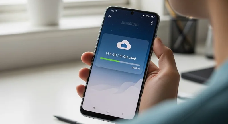 Persona sosteniendo un smartphone Samsung mostrando gestión de almacenamiento