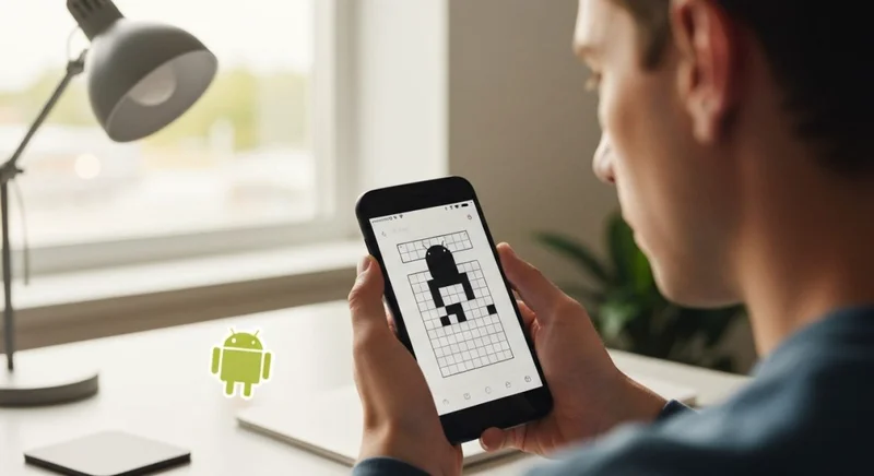 Persona sostiene Android telefono resolviendo nonograma Android Q en pantalla