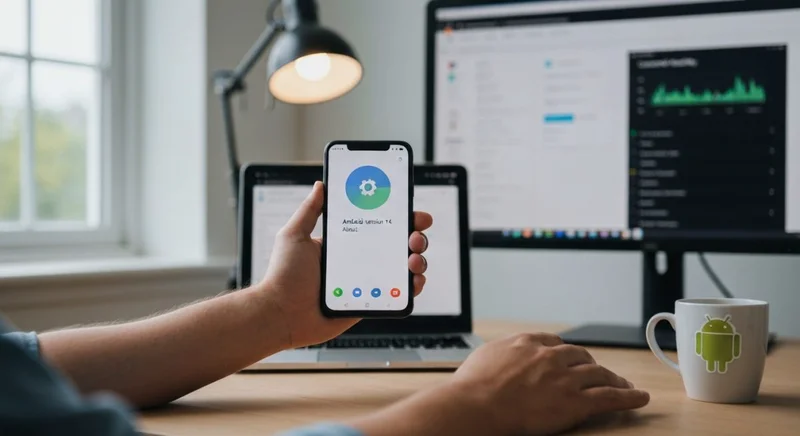 Persona sostiene teléfono Android mostrando Android versión 14 en Ajustes