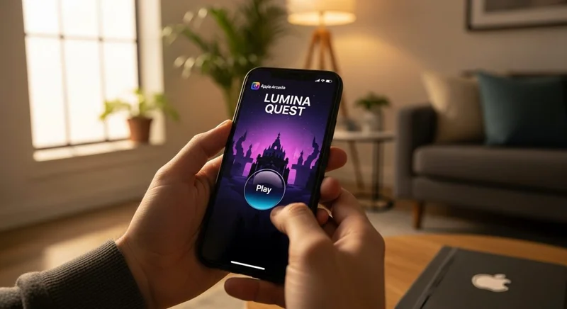 Persona sostiene un iPhone mostrando Lumina Quest Play Apple Arcade
