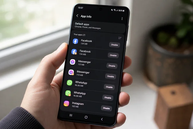 Persona sostiene un Samsung Galaxy gestionando apps duplicadas en Configuración