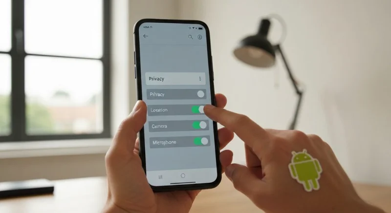 Persona tecnológica ajusta privacidad Android en teléfono con logo Android