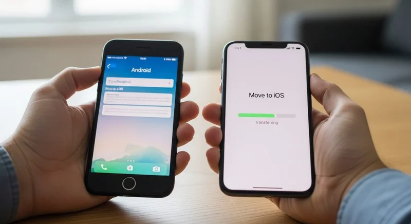 Persona transfiriendo datos entre Android e iPhone en mesa luminosa