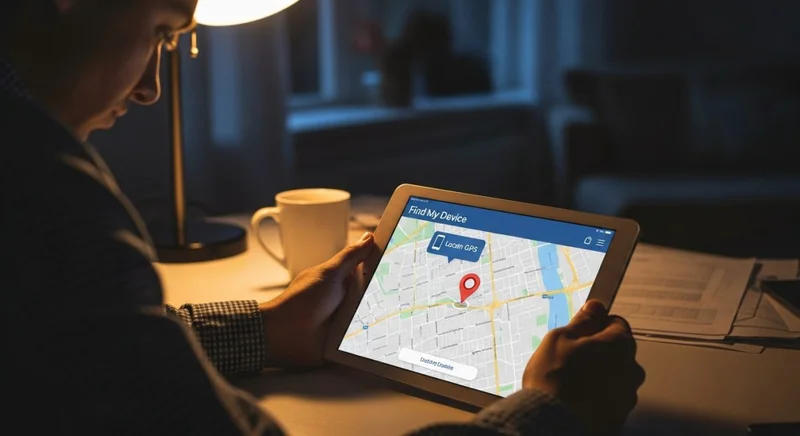 Persona usando una tablet con mapa muestra ubicación de dispositivo perdido