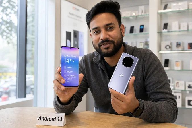 Presentador muestra Xiaomi Redmi Note 14 Pro con logo Mi