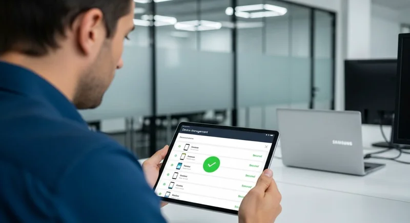 Profesional de TI usando tablet Samsung Galaxy en oficina moderna