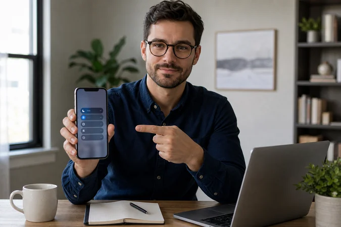 Profesional en escritorio de casa activa modo Focus en iPhone