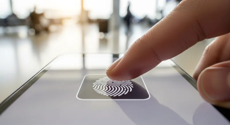 Pulgar presionando pantalla de smartphone con icono de autenticación