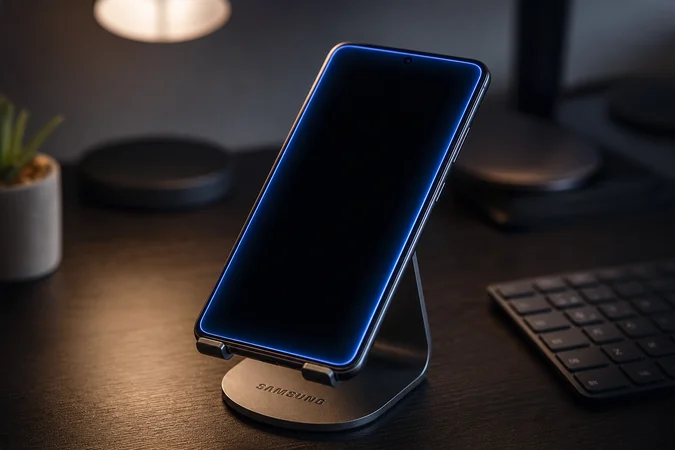 Samsung Galaxy pantalla apagada sobre escritorio con soporte Samsung grabado