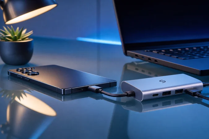 Samsung Galaxy telefono sobre escritorio vidrio hub USB C logo S