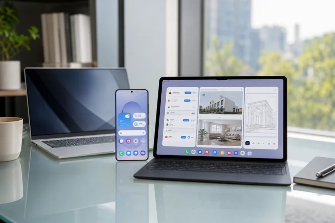 Samsung Galaxy y tableta en escritorio de vidrio muestran interfaz
