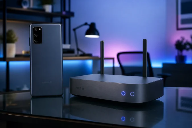 Samsung smartphone y router en escritorio de cristal en oficina