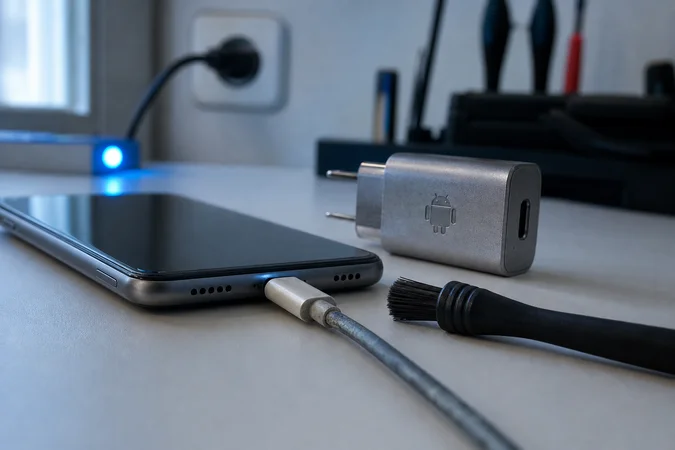Smartphone Android conectado a cable desgastado con cepillo limpiando puerto de carga