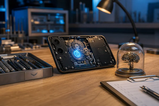 Smartphone Android sobre mesa de madera con engranajes y logo