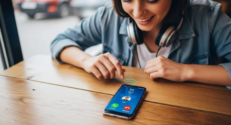 Smartphone Android vibrando en mesa de café con llamada entrante