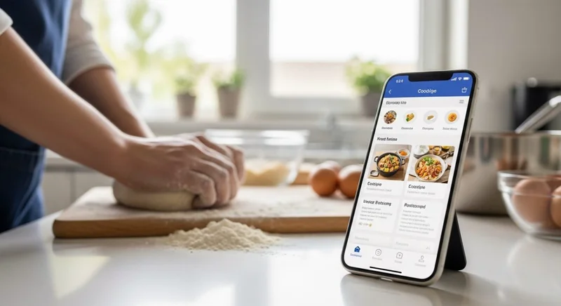 Smartphone con receta de cocina iluminada en moderno mostrador de cocina