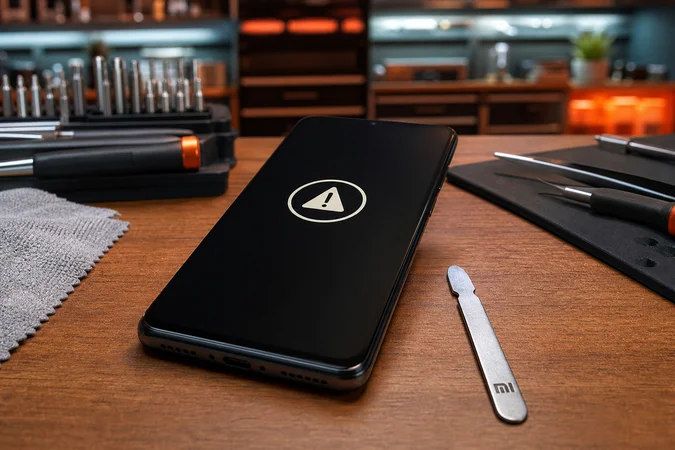Smartphone con simbolo error en pantalla sobre mesa Xiaomi Mi