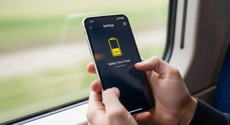 Smartphone en modo ahorro batería en tren en movimiento